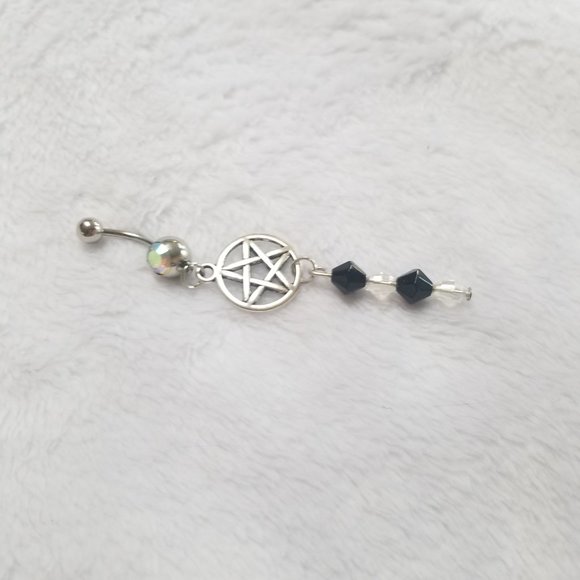 New Gothic Wiccan Pentacle Crystal Belly Ring  14G - Picture 2 of 3